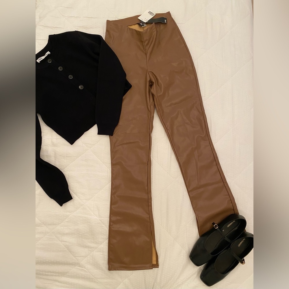 Brand New Divided vegan faux leather pants. Size 6 Carmel color. Super stretch